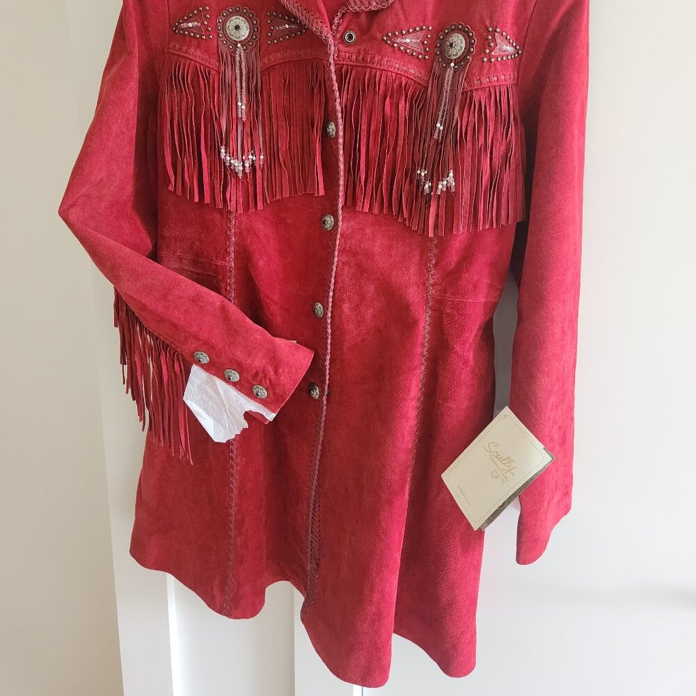 SCULLY red suede leather fringed 3/4 length coat Large - Picture 5 of 6